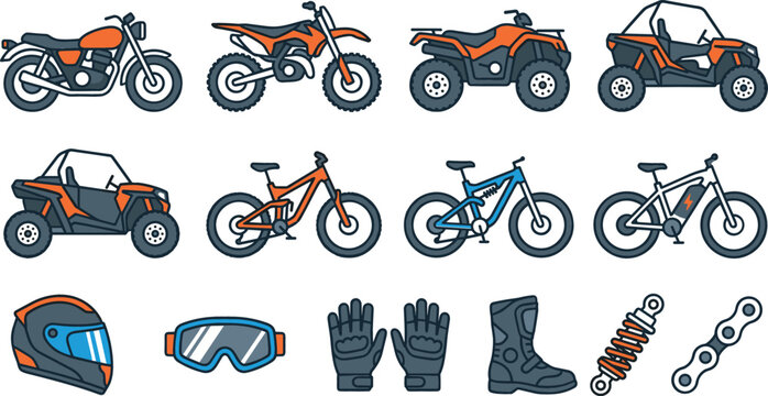 Extreme sports motorsports and offroad vehicle line icon set with motorcycle dirt bike quad atv utv mountain bicycle ebike protective gear vector