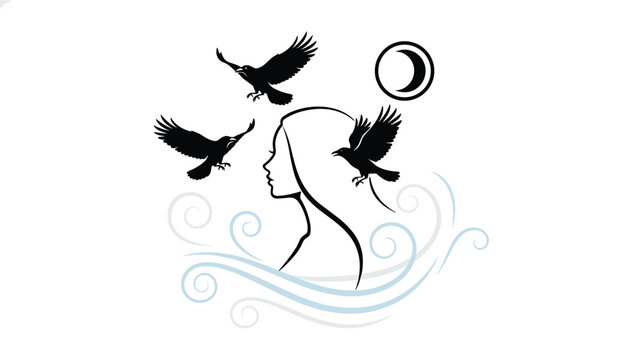 Silhouette profile of a woman with long hair surrounded by three flying crows and a crescent moon graphic on a white background.