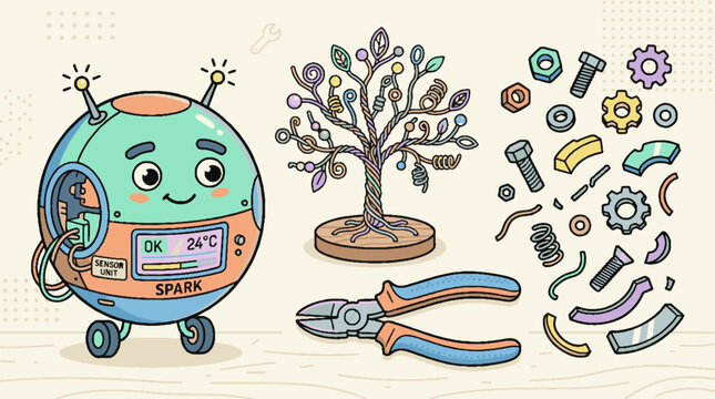 Cute round robot character with a mechanical tree and engineering tools.