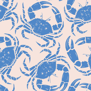 Vector vintage seamless pattern of blue crabs in block print style. Retro crab pattern for seafood cafe.