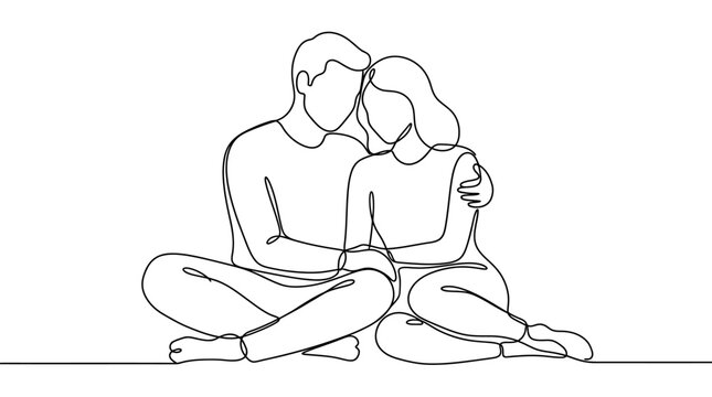 Continuous line drawing of a loving young couple sitting together.
