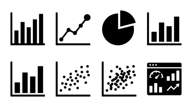 Diverse Data Visualization Icons: Bar Charts, Line Graphs, Pie Charts, Scatter Plots, Dashboard Analytics