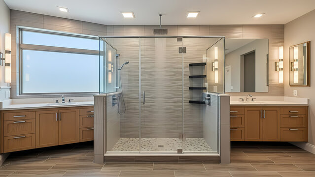 Modern Luxury Master Bathroom with Open Concept Shower, Double Vanities, and Large Window