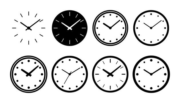 Collection of Minimalist Clock Icons, Timekeeping Symbols, Round Watch Faces, and Hour Markers for Design Projects