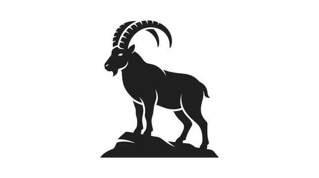 Black silhouette of an ibex mountain goat standing on a rock for logo design or outdoor adventure branding