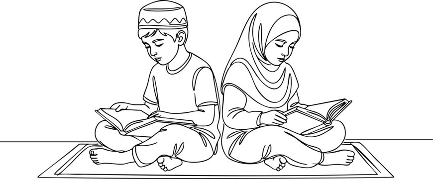 Muslim children reading quran illustration for islamic study with children religion education religious