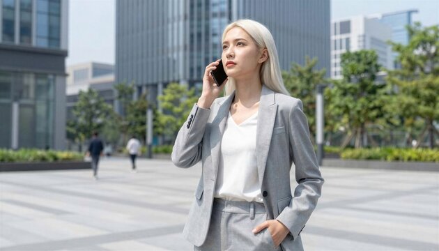 Young stylish businesswoman talking on mobile phone while standing on street near office building.