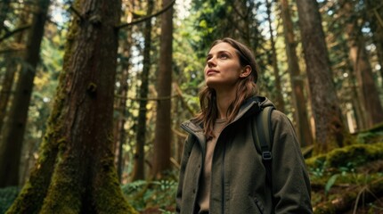 Naklejka premium Woman looking up while hiking in dense mossy forest among tall trees