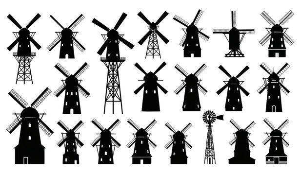 Vintage Windmill and Rural Landscape Silhouette Collection