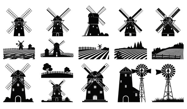 Countryside Windmill Black Silhouette Vector Set