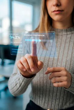 Business analyst reviewing predictive scenario dashboard