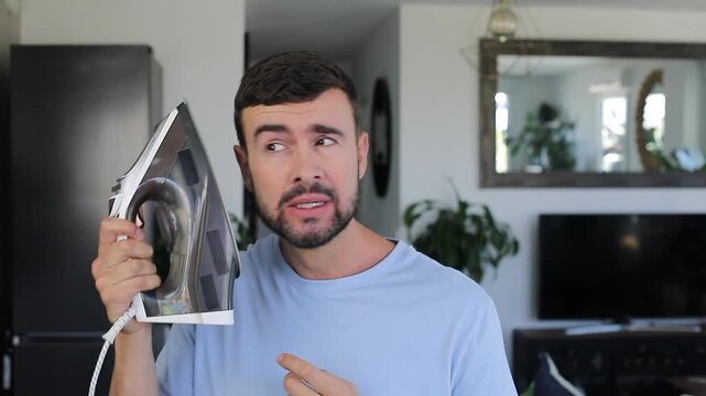 Man ironing his facial wrinkles