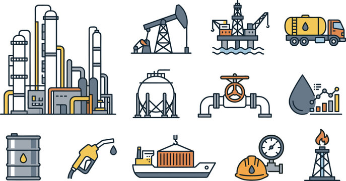 Oil and gas industry line icon set with flat color symbols for petroleum refinery drilling rig offshore platform tanker truck pipeline valve barrel vector