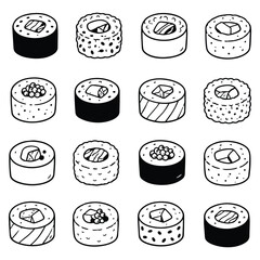 Hand Drawn Maki Sushi Roll Icons. Artistic monochromatic outlines of Japanese rolls evoke a sense of culinary simplicity and playful balance in authentic dining culture. © Lull