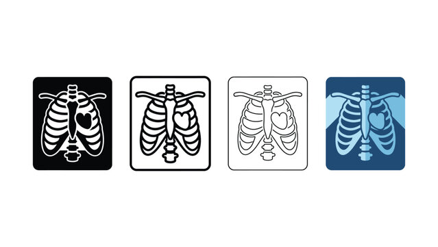 Collection of chest xray icons showing human rib cage with heart in different artistic styles for medical concepts