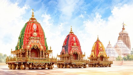 Fototapeta na wymiar Watercolor illustration of rath yatra chariots.