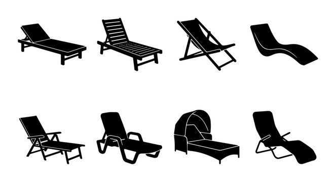 Collection of eight diverse black silhouette lounge chairs, deck chairs, and sunbeds for outdoor relaxation and poolside settings.