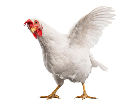 Majestic white hen with widespread wings, depicting grace and movement, isolated on a transparent background for design.