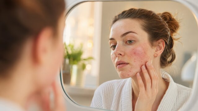 Young woman with acne skin condition checking face in mirror concerned about complexion and health