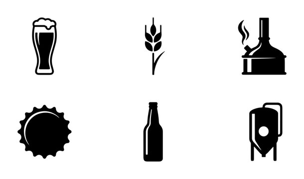 Beer Icons Set: Glass, Wheat, Brewery, Bottle Cap, Bottle, Fermenter, Craft Beverage Vector Graphics for Pubs and Breweries