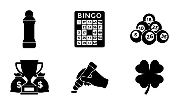 Bingo Game Icons: Lucky Clover, Trophy, Money Bags, Dabber, Bingo Card, Balls, Vector Set