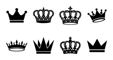 Obraz premium Royal Crown Icons Set, Regal Symbols Collection, Royalty Emblem Vector Graphics, Monarch Headwear Silhouettes