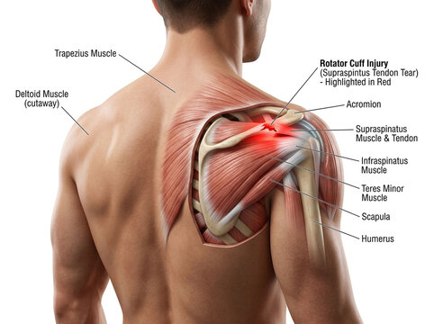 Anatomical illustration of a human shoulder with highlighted rotator cuff injury and labeled muscles on white background