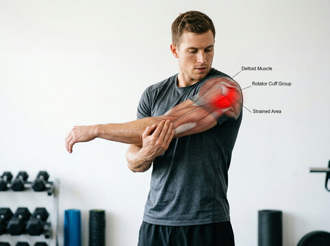 Man with strained deltoid muscle and rotator cuff group in gym