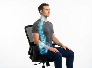 Man sitting in office chair with correct posture and spine alignment illustration