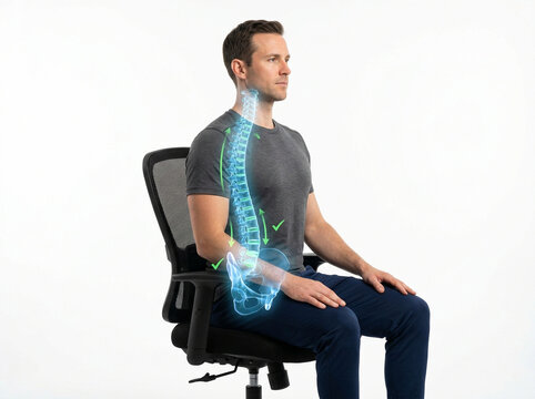 Man sitting in office chair with correct posture and spine alignment illustration