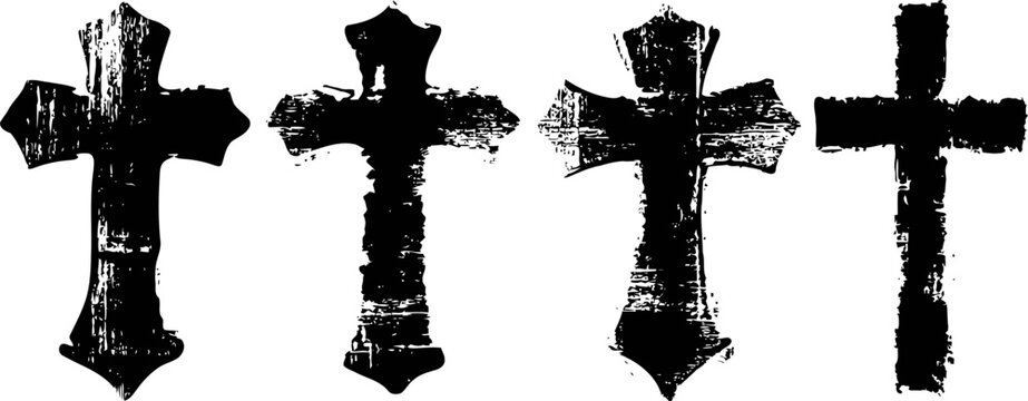 Grunge black crosses set distressed religious symbols, vintage christian design elements