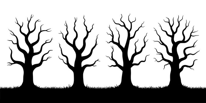 Tree Silhouette Set of Five Leafless Branches in Stark Black Against a White Background for Forest and Nature Concepts