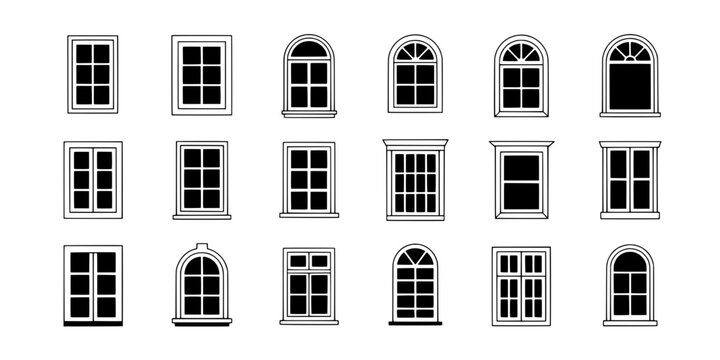Window Frames Set of Black and White House Windows with Arches, Mullions, and Grid Patterns in Outlined Style