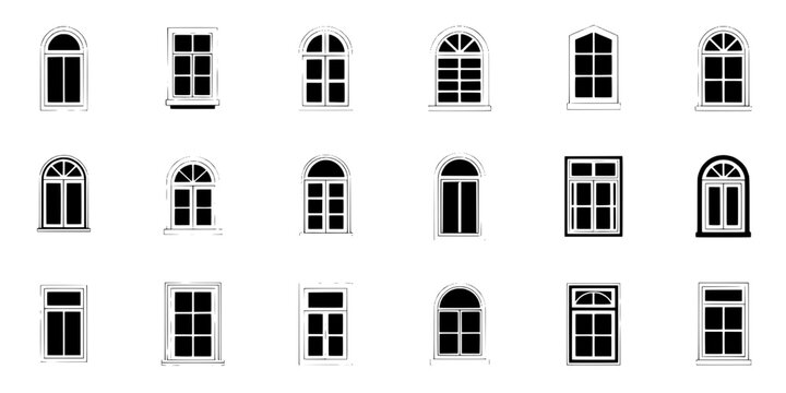 Windows Icon Set on White Background with Various Arched and Rectangular Frames, Grid Panes, and Minimalist Outline Style
