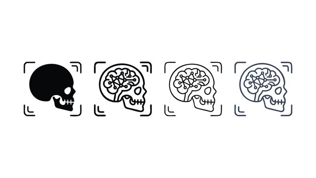 Set of four stylized skull graphics with interconnected neural networks inside the cranium representing AI and technology concepts isolated on transparent background