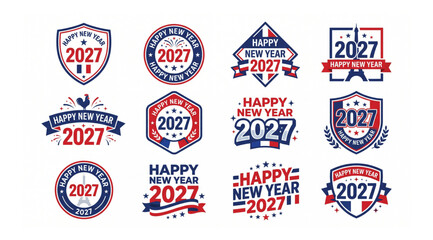Set of 12 happy new year 2027 graphic badges and emblems with french elements and eiffel tower celebration illustration insignia greeting seasonal decorative typography year2027 © Shaon
