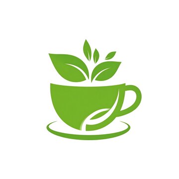 A stylized green teacup with a leafy plant emerging from it