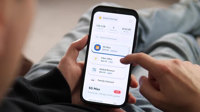 Close-up of person managing mobile subscriptions on a smartphone. Features fiber internet, global roaming, and family plans. Perfect for fintech, digital lifestyle, and service management storytelling