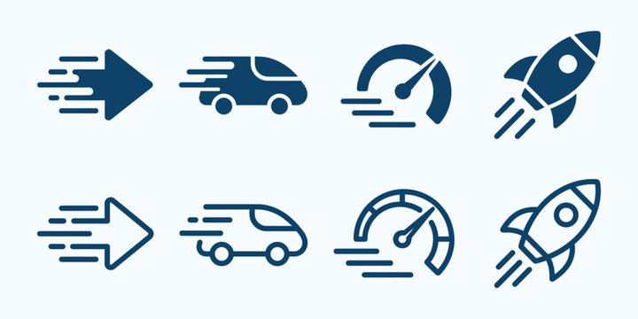 speed icon collection with rocket, arrow, car, and gauge designs in monochrome vector