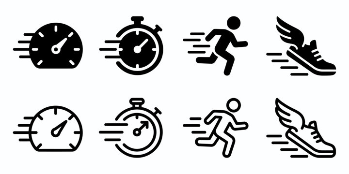 speedometer and runner hi-speed vector icon collection with black monochrome design