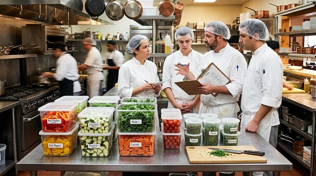 Fresh Vegetables in Containers with Chef Team Meeting in Restaurant Kitchen