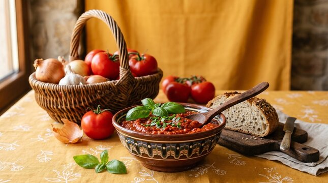 Romanian zacusca in Horezu ceramic bowl with fresh tomatoes and onions on yellow tablecloth