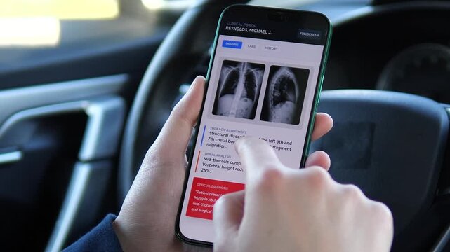 Innovative telehealth app on mobile showing clinical assessment and official diagnosis. Car interior setting highlights remote access to medical records. High-impact footage for digital transformation