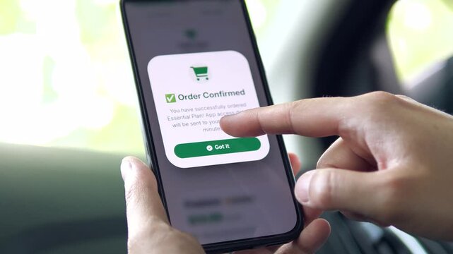 Activating a digital service subscription on the go. Sequence of a user receiving confirmation for an app plan on their smartphone. Clear, modern UI. Great for software reviews, business tech, and