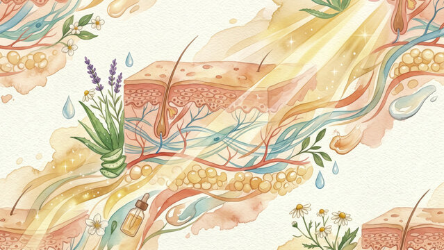 soothing dermatology watercolor pattern depicting healthy skin layers and radiant sunbeams warm glowing hues gentle transparent fluid brushstrokes skincare seamless background