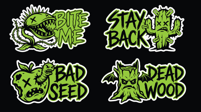 Set of four green and black horror themed plant stickers, bite me venus flytrap, stay back cactus, bad seed apple, and dead wood tree stump
