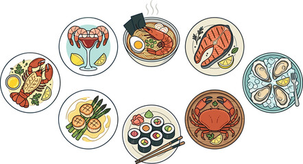 Fresh Seafood and Asian Cuisine Vector Icon Set Featuring Lobster Shrimp Cocktail Ramen Sushi Rolls Grilled Salmon Crab and Oysters for Restaurant Menu Designs © DarparajDab