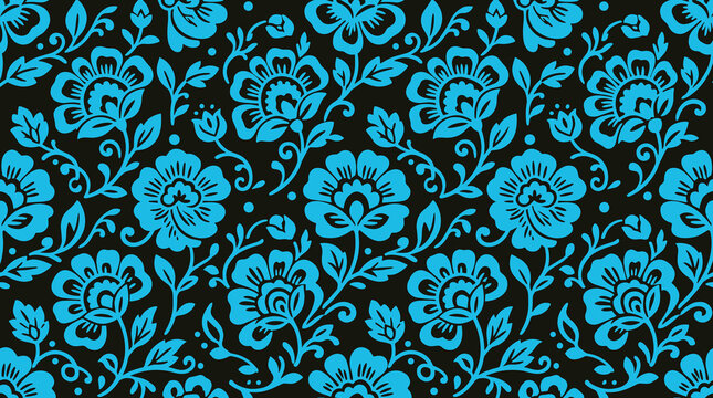 Seamless floral pattern with intricate blue flowers and leafy vines arranged in a repeating botanical on a solid black background, for textile or wallpaper
