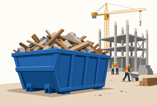 Blue construction dumpster filled with debris stands at an active building site with workers, a concrete structure, and a yellow crane