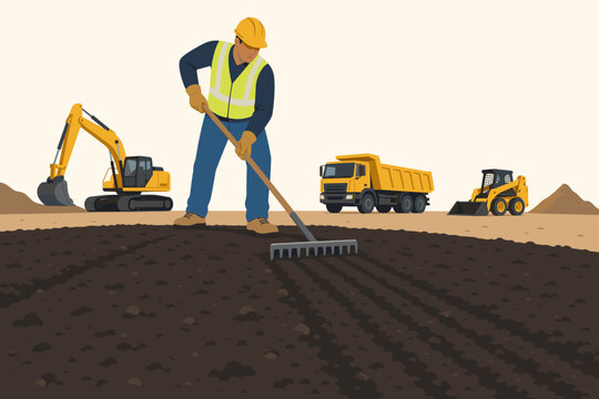 Construction worker raking soil at building site with heavy machinery including an excavator, dump truck, and skid steer loader in a flat vector illustration style